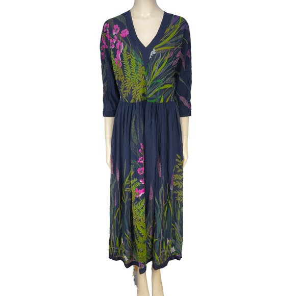Vintage Dresses & Skirts - Unique 70’s VTG Luxe SCALI Silk Chiffon Flowy Floral V-Neck Blue Midi Dress M